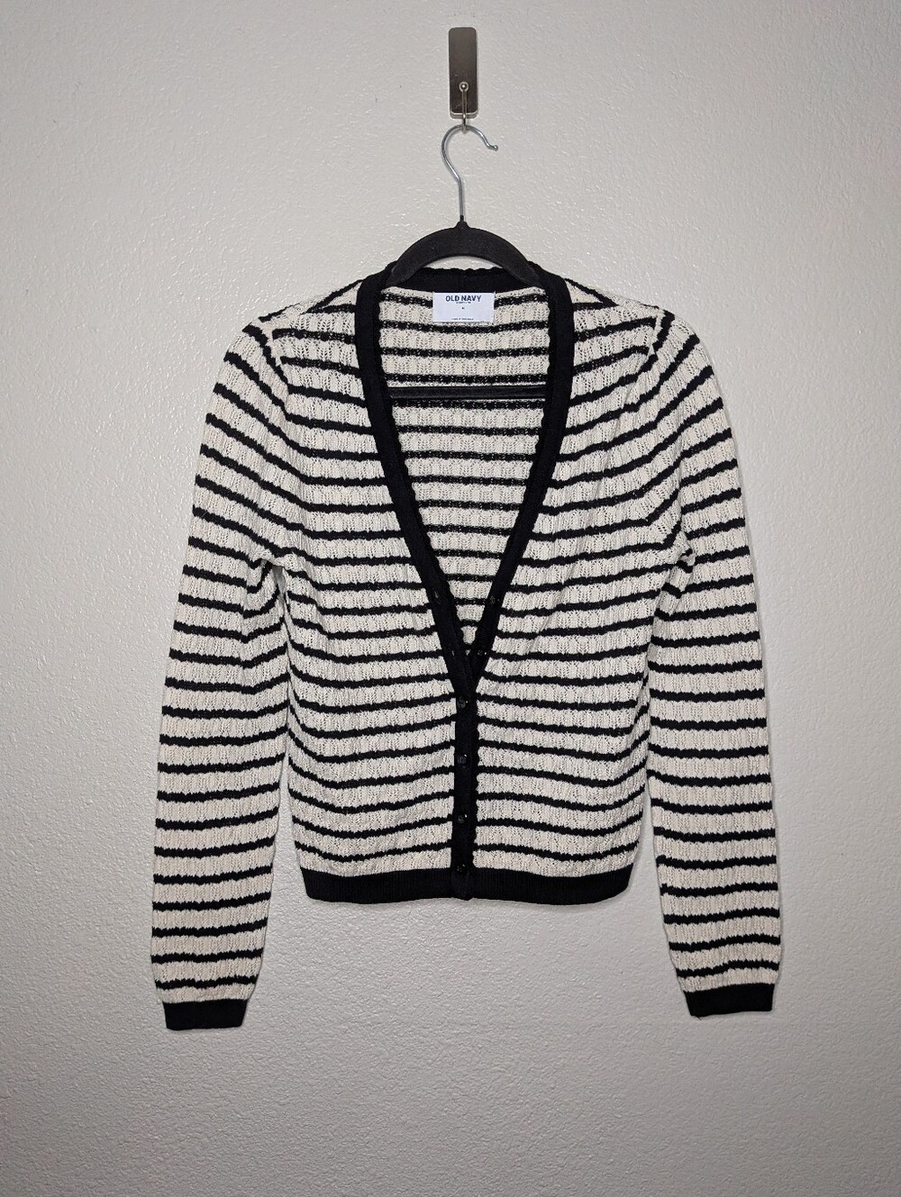 Old Navy Black White Striped Twee E-Girl Office Knit V-Neck Cardigan Sweater M